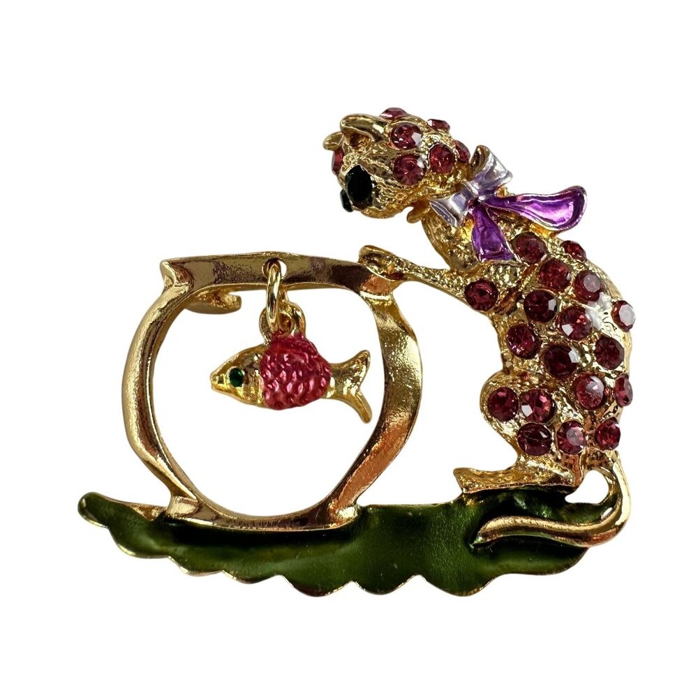 Purple Rhinestone Cat Brooch With Fish Bowl Gold-Tone Crystal Accents